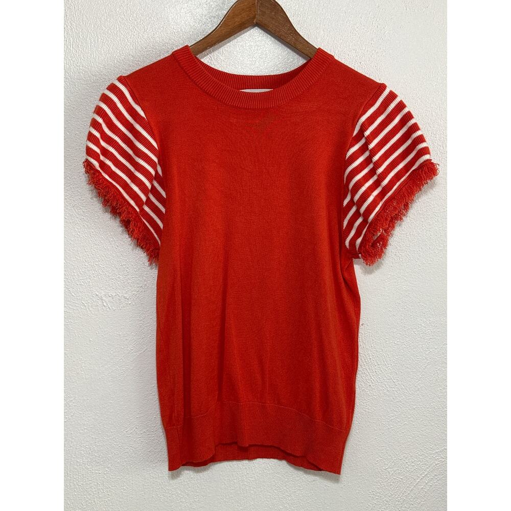 THML Short Sleeve Sweater XS Orange White Stripe w/ Fringe Spring/Fall Casual